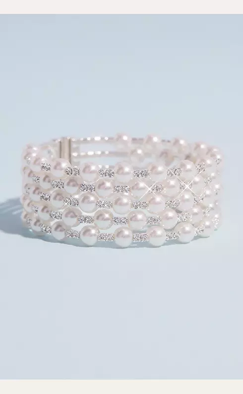 Multi Strand Crystal and Pearl Stack Cuff Bracelet Image 1