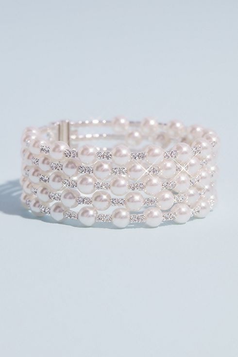 Multi Strand Crystal and Pearl Stack Cuff Bracelet Image