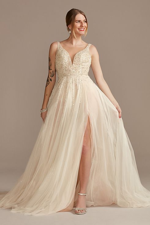 Beaded Bodice Plunging-V Illusion Wedding Dress Image 1