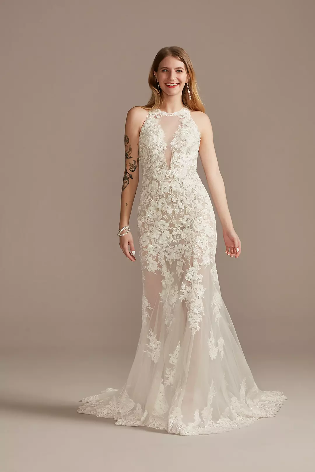 Illusion Sequin Floral Applique Wedding Dress Image