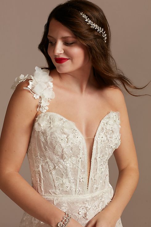 3D Floral Applique Plunge Sheath Wedding Dress Image 9