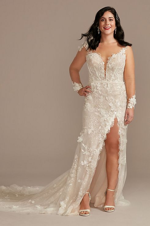 3D Floral Applique Wedding Dress with High Slit Image 1