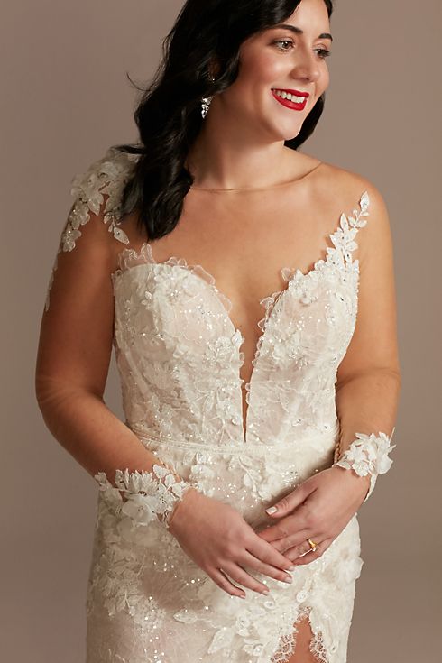 3D Floral Applique Wedding Dress with High Slit Image 3