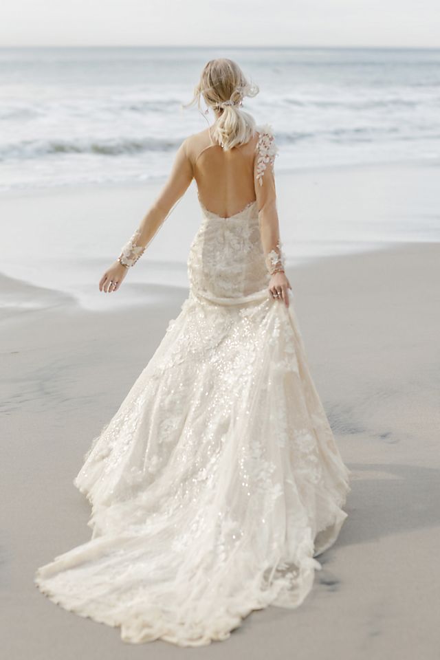 3D Floral Applique Wedding Dress with High Slit Image 7