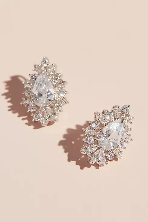 Pear Shaped Cubic Zirconia Stud Earrings with Halo Image 1