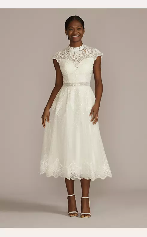 Embroidered Mock Neck Tea-Length Wedding Dress Image 1