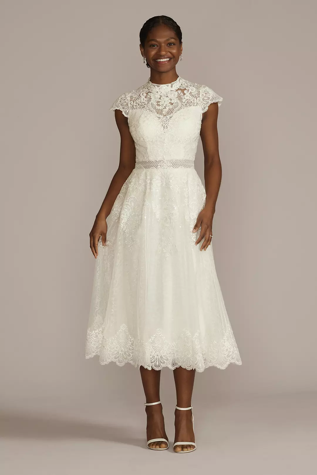 Embroidered Mock Neck Tea-Length Wedding Dress Image