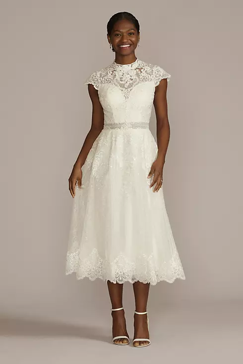 Embroidered Mock Neck Tea-Length Wedding Dress Image 1