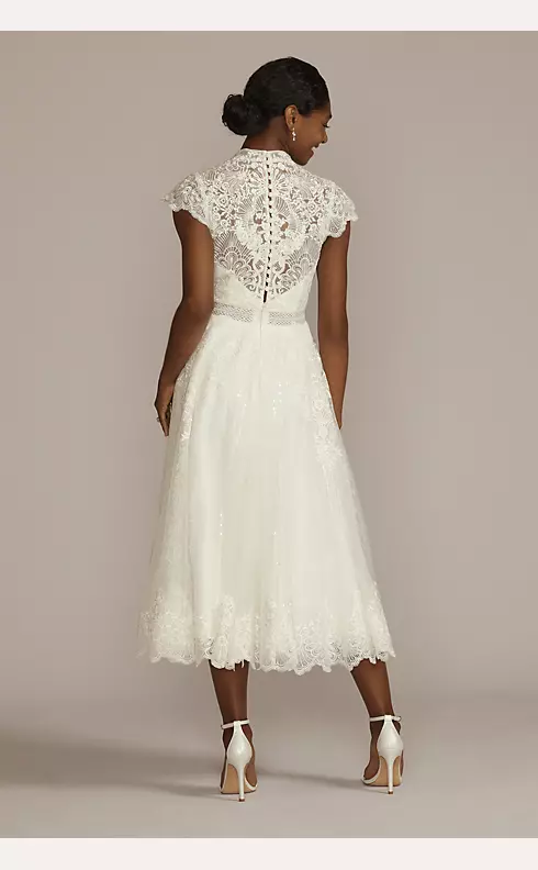 Embroidered Mock Neck Tea-Length Wedding Dress Image 2