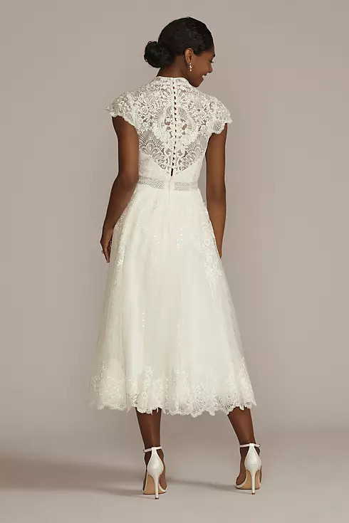 Embroidered Mock Neck Tea-Length Wedding Dress Image 2