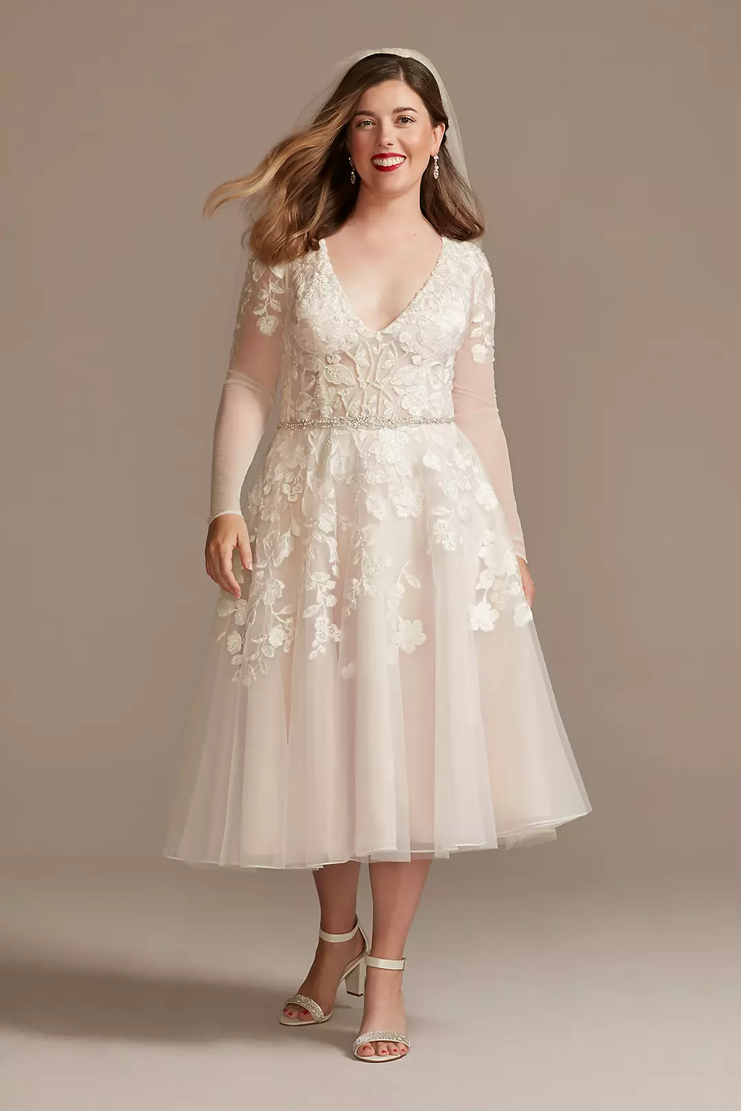Illusion Sleeve Plunging Tea-Length Wedding Dress Image