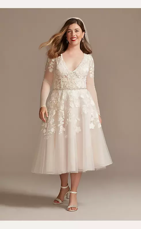 Illusion Sleeve Plunging Tea-Length Wedding Dress Image 1
