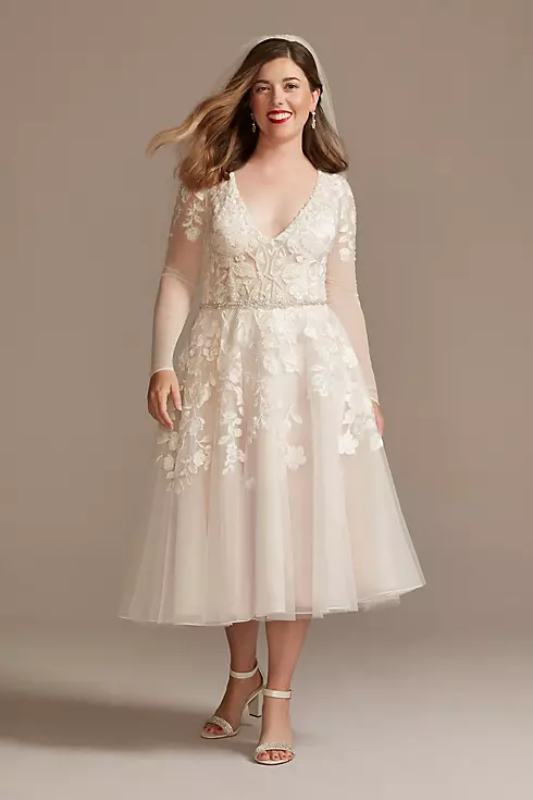 Illusion Sleeve Plunging Tea-Length Wedding Dress Image 1