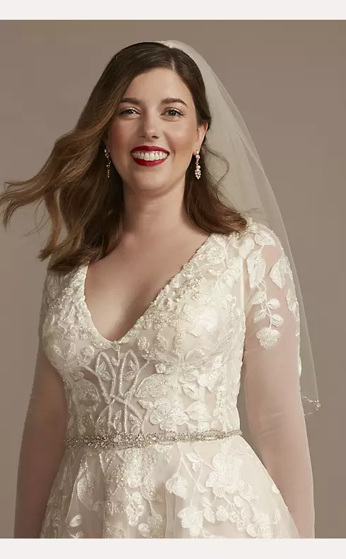 Illusion Sleeve Plunging Tea-Length Wedding Dress Image 3