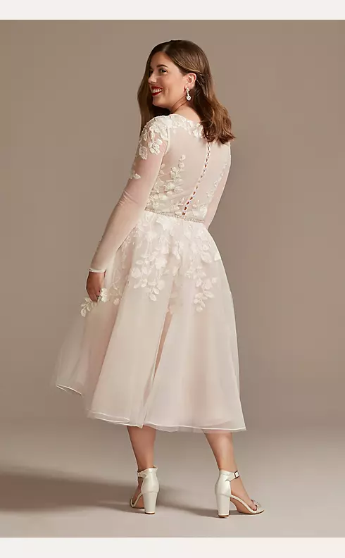 Illusion Sleeve Plunging Tea-Length Wedding Dress Image 2
