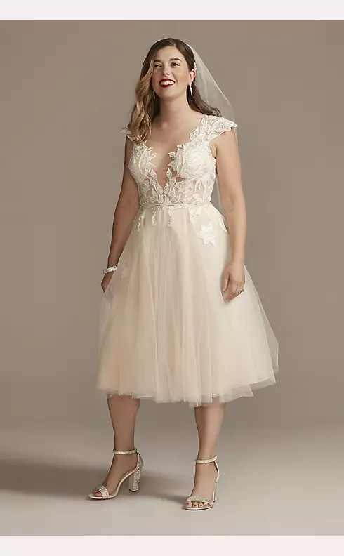 Illusion Sleeve Tea-Length Wedding Dress Image 1