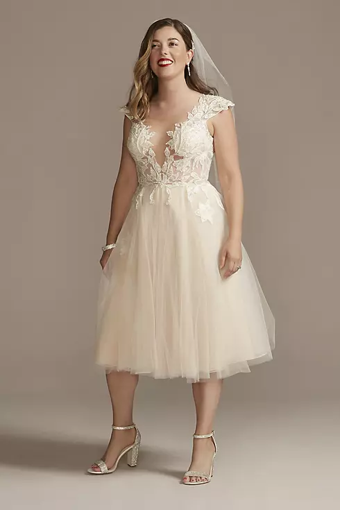 Illusion Sleeve Tea-Length Wedding Dress Image 1
