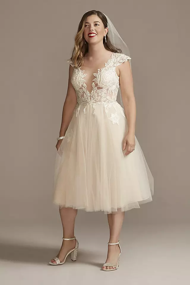 Illusion Sleeve Tea-Length Wedding Dress Image