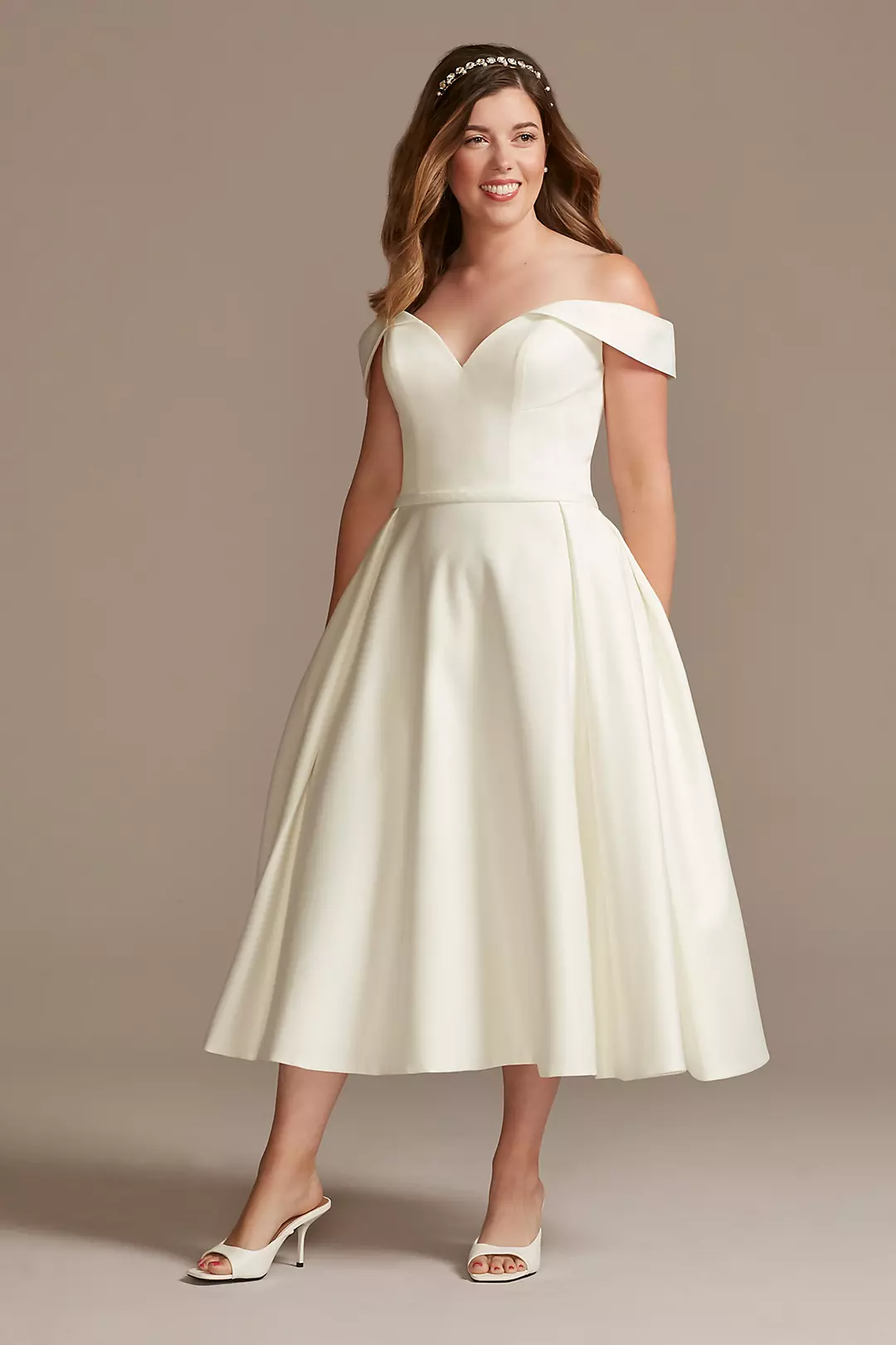 Off the Shoulder Satin Tea-Length Wedding Dress Image