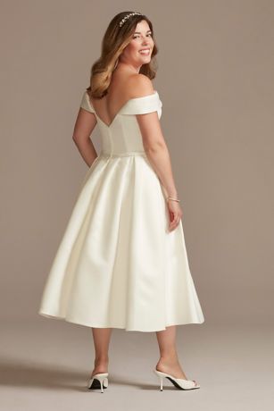 Off the Shoulder Satin Tea-Length Wedding Dress | David's Bridal