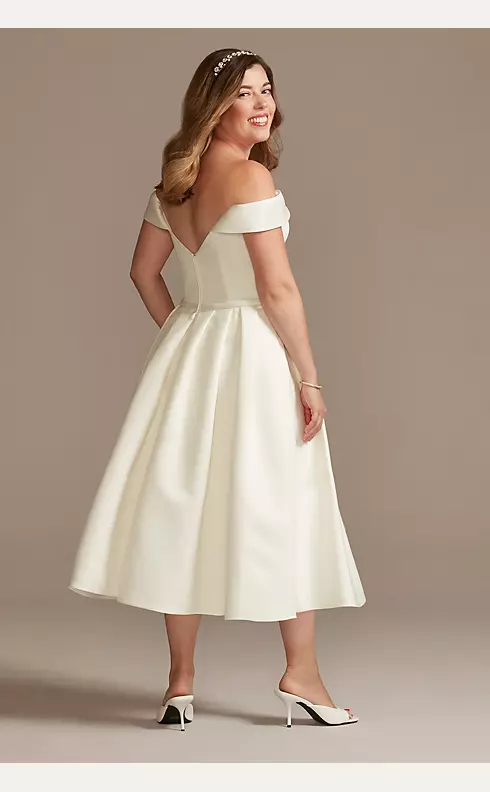 Off the Shoulder Satin Tea-Length Wedding Dress Image 3