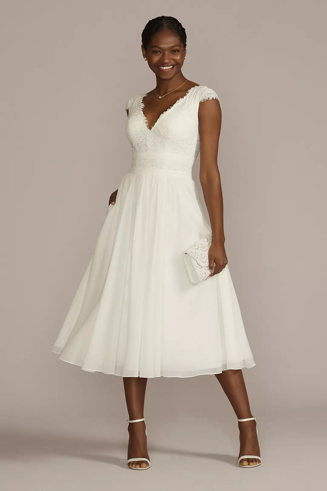 Lace Illusion Back Chiffon Tea Length Wedding Gown Image