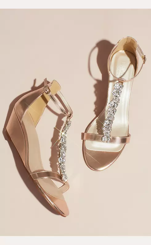 Crystal Encrusted T-Strap Metallic Wedge Sandals Image 1