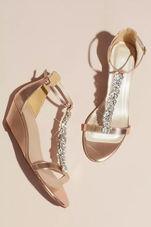 Crystal Encrusted T-Strap Metallic Wedge Sandals Image 1