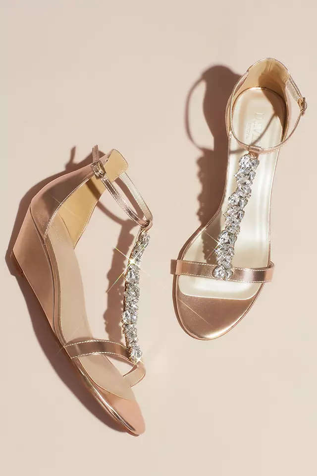 Crystal Encrusted T-Strap Metallic Wedge Sandals Image