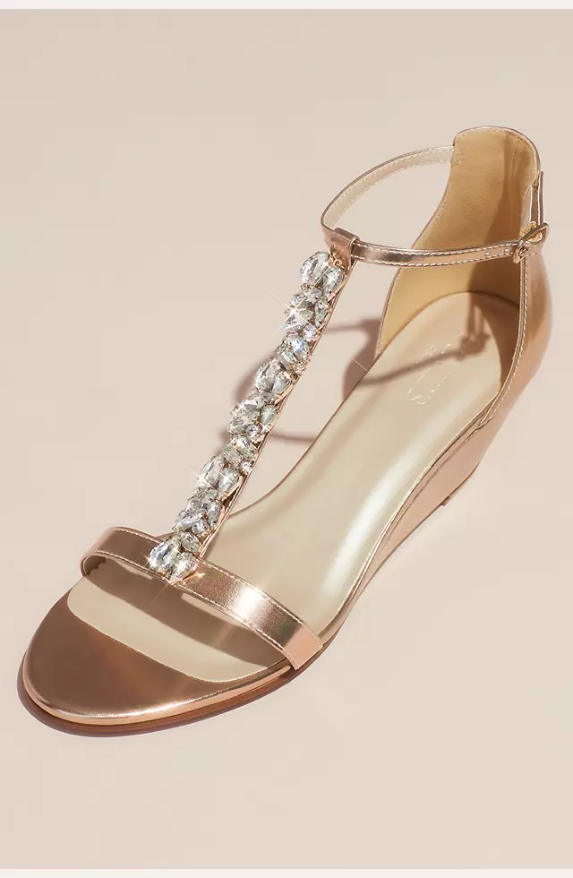 Crystal Encrusted T-Strap Metallic Wedge Sandals Image 2