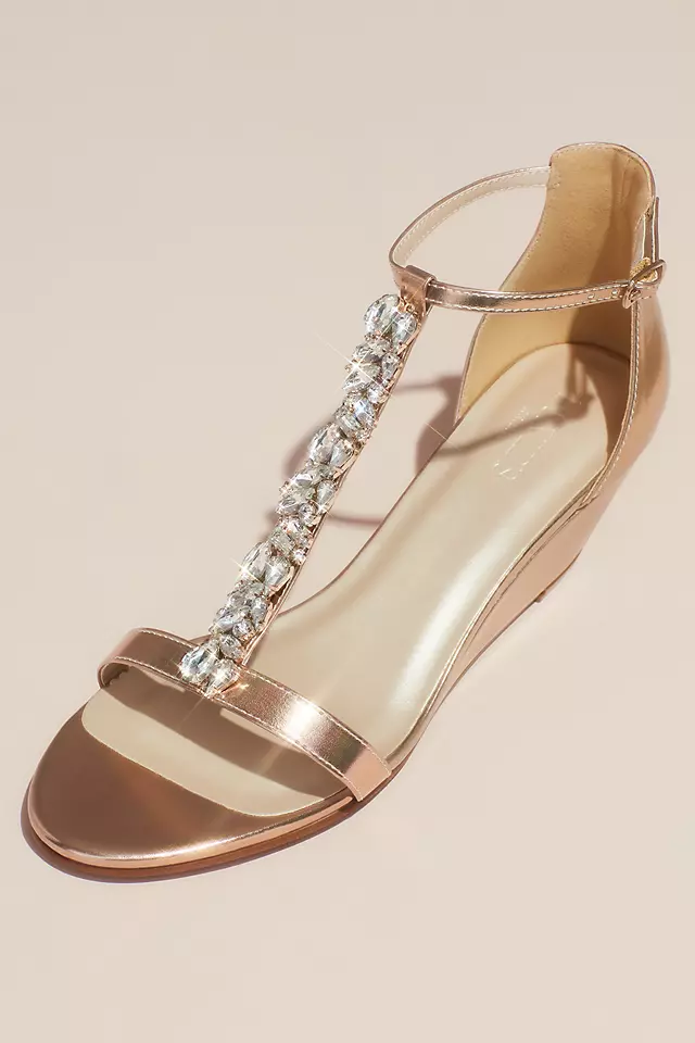 Crystal Encrusted T-Strap Metallic Wedge Sandals Image 2