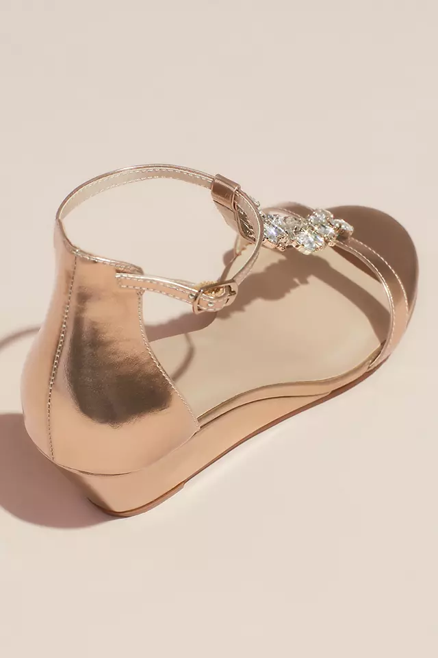 Crystal Encrusted T-Strap Metallic Wedge Sandals Image 3