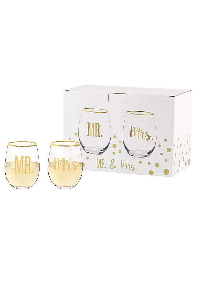 Mr and Mrs Gold Rim Stemless Glasses with Gift Box Image 5