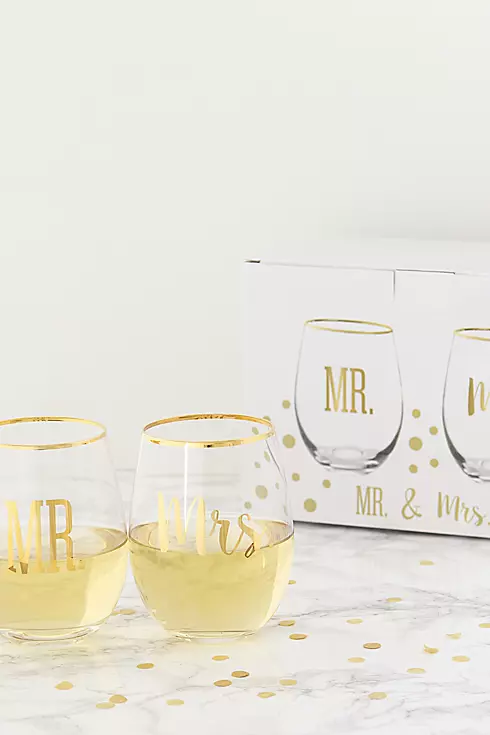 Mr and Mrs Gold Rim Stemless Glasses with Gift Box Image 6