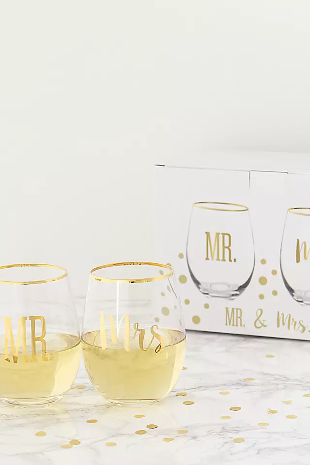 Mr and Mrs Gold Rim Stemless Glasses with Gift Box Image 6