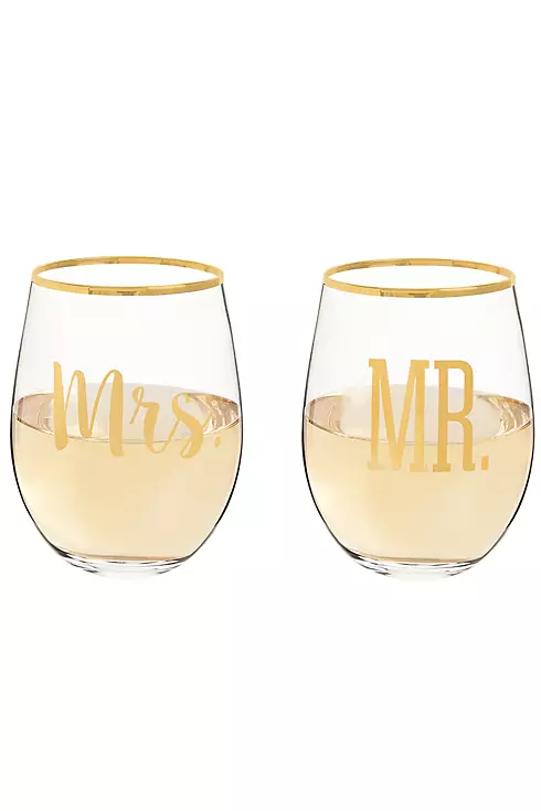 Mr and Mrs Gold Rim Stemless Glasses with Gift Box Image 1
