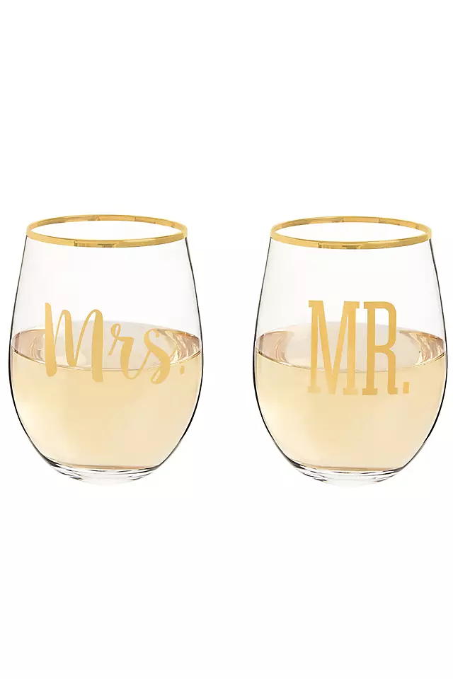Mr and Mrs Gold Rim Stemless Glasses with Gift Box Image
