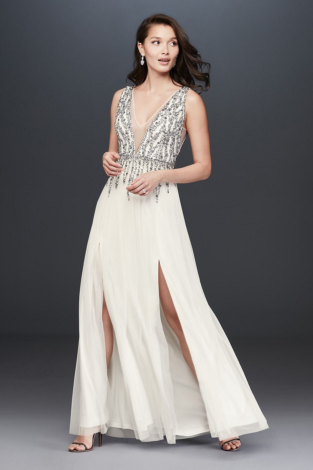 Bead Sequin and Pearl Deep-V Dress with Slits Image