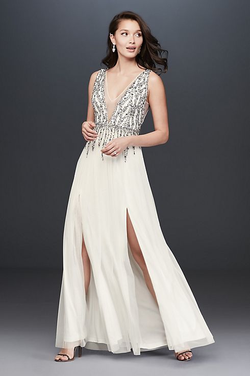 Bead Sequin and Pearl Deep-V Dress with Slits Image 1