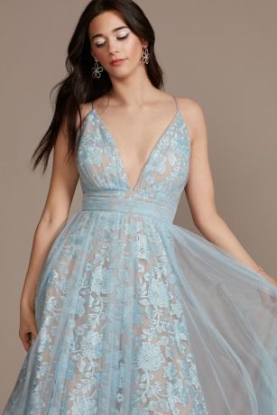 Layered Lace and Tulle Plunging A-Line Dress | David's Bridal