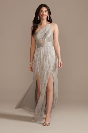 Pleated Metallic Knit One Shoulder Long Dress David s Bridal