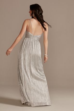 Pleated Metallic Knit One-Shoulder Long Dress David's Bridal