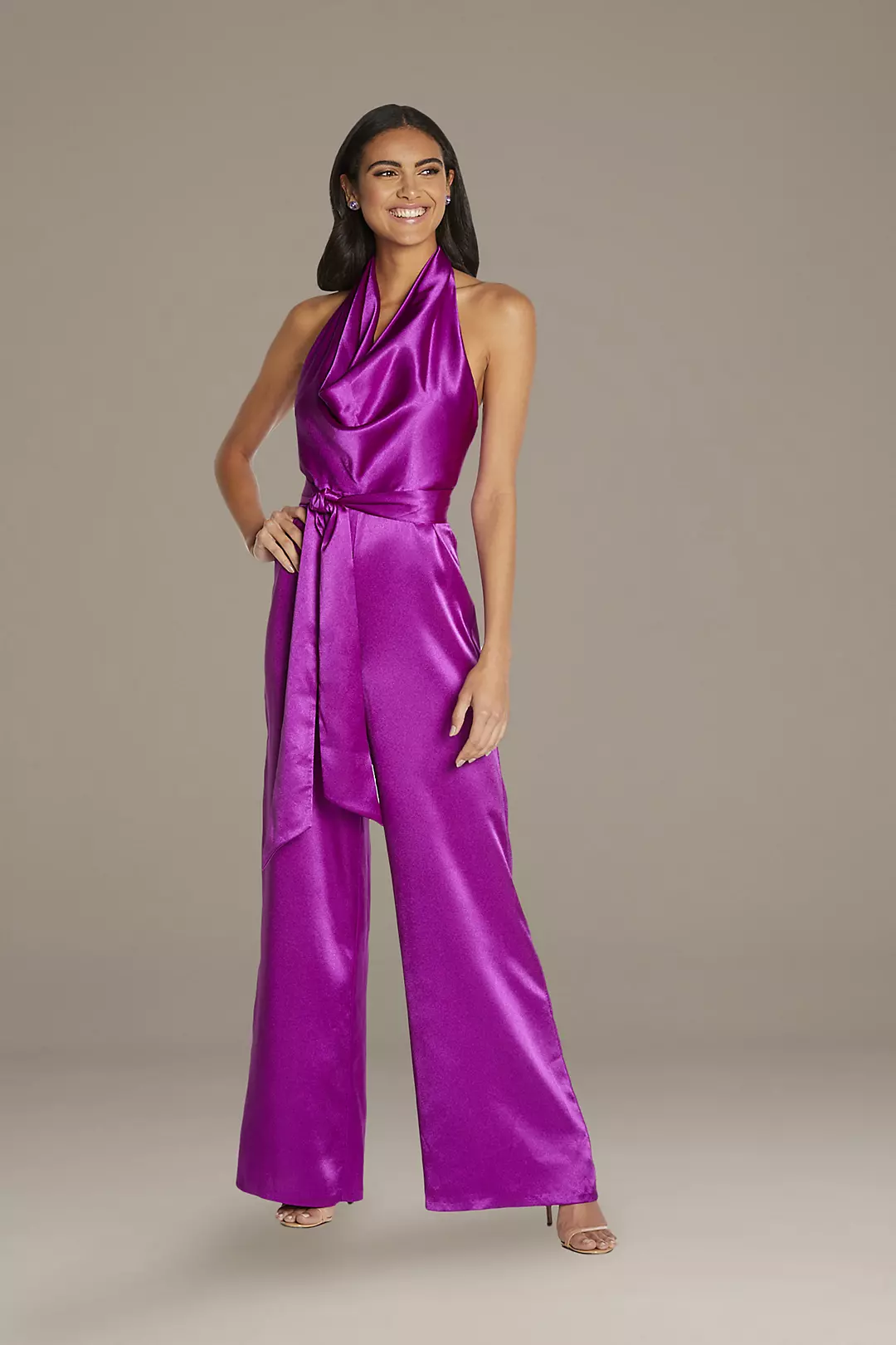 Cowl Neck Satin Halter Jumpsuit with Open Back Image 2