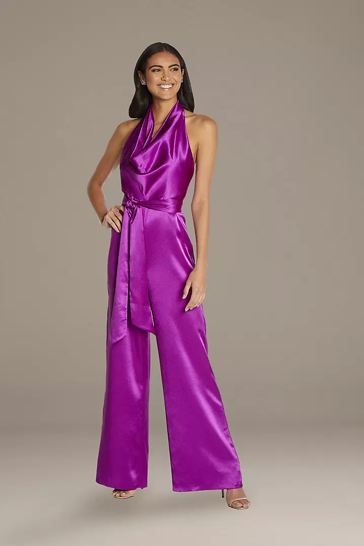 Cowl Neck Satin Halter Jumpsuit with Open Back | David's Bridal Cowl Neck Satin Halter Jumpsuit with Open Back | David's Bridal