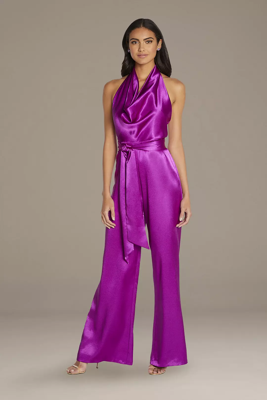 Cowl Neck Satin Halter Jumpsuit with Open Back Image