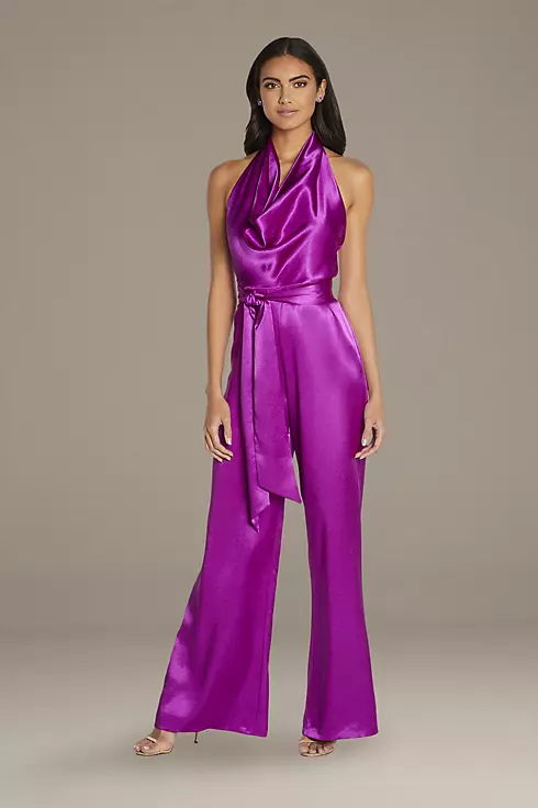Cowl Neck Satin Halter Jumpsuit with Open Back Image 1
