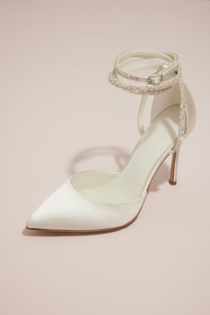 Galina Signature Ivory Pumps (Pearl and Crystal Ankle-Wrap Satin Pumps)
