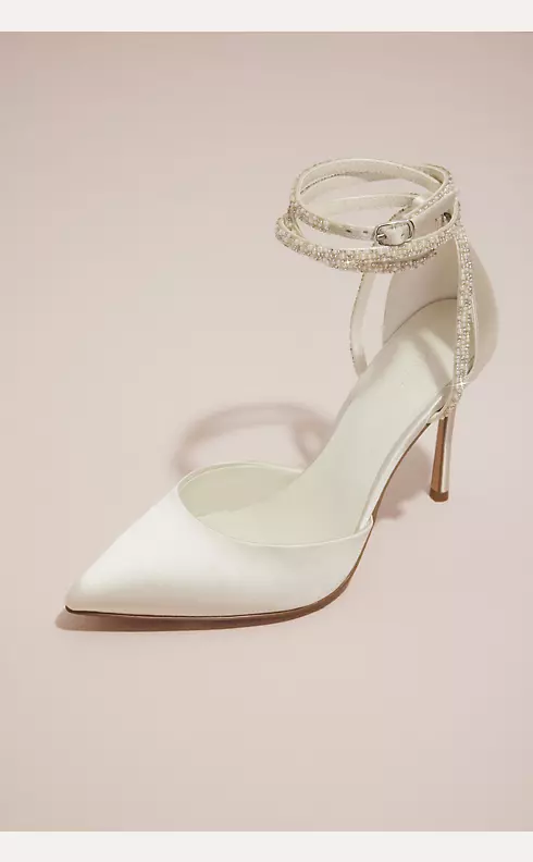 Pearl and Crystal Ankle-Wrap Satin Pumps Image 1