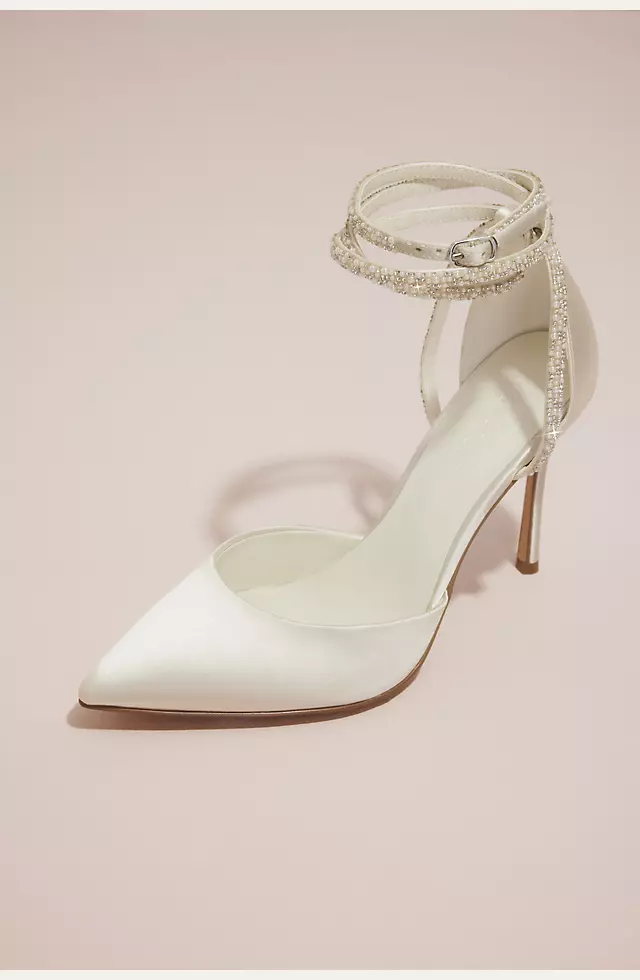 Pearl and Crystal Ankle-Wrap Satin Pumps Image