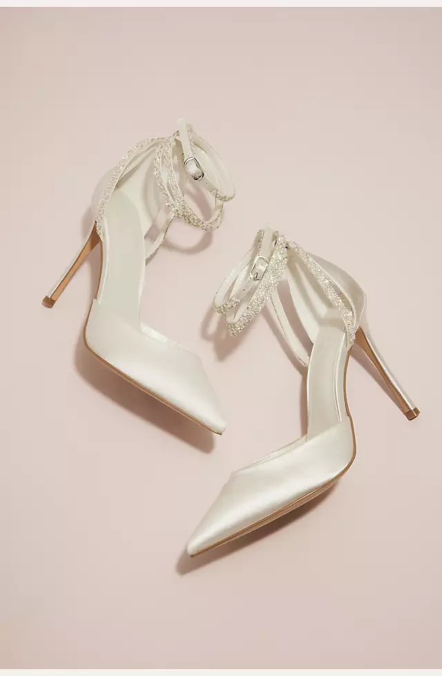 Pearl and Crystal Ankle-Wrap Satin Pumps | David's Bridal